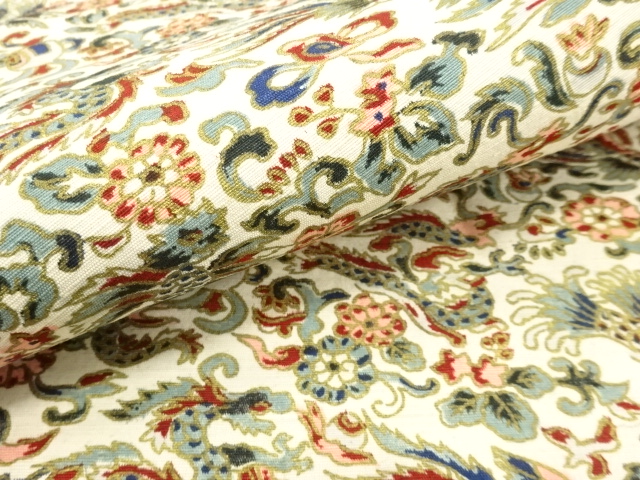  アンティーク　宝尽くしに龍・鳳凰・花模様　開き名古屋帯（額縁仕立て）（着用可）